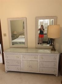White wicker dresser & two mirrors