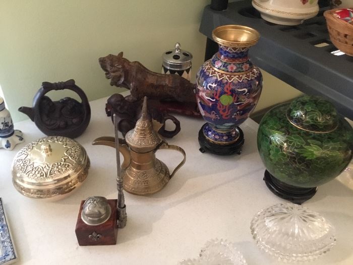 Cloisonné , brass items, French ink well, mini Buddha teapots