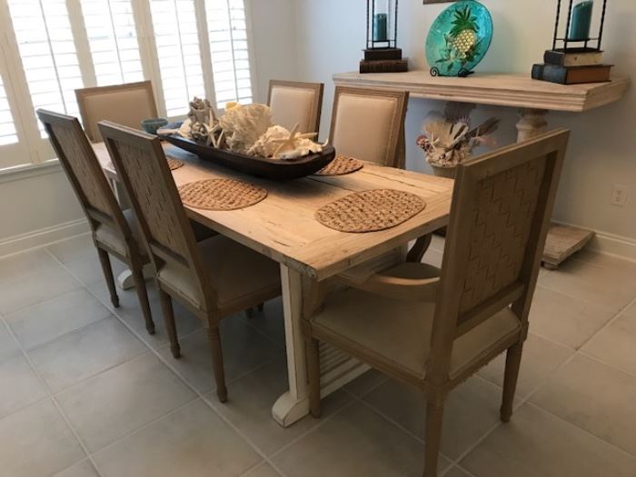 Dining table 86"L x 35 1/2" & six French linen covered chairs (4 chairs & 2 armchairs)