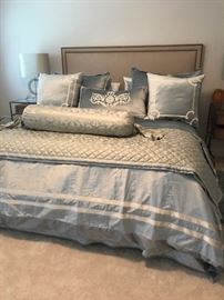 King size linen headboard with nailheads - Silk & velours powder blue bedding by HESTIA, Collection BellaNotte Lilli Alessandra