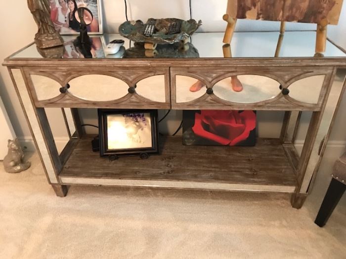 Glass & washed painted console with two drawers
