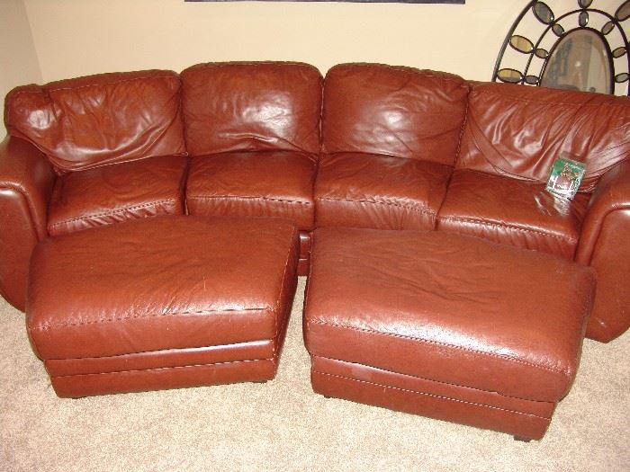 Leather sofa and ottomans