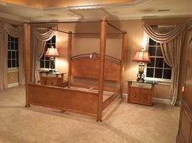Henredon King Size bed with granite and metal accents, 2 glass top night stands with granite accents