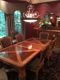 Drexel Heritage Villa Santini Dining Room Set - Table with 2 leaves, custom table pad, buffet with beautiful iron mirror, china cabinet