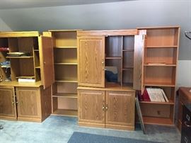 Assorted oak book cases  and armoires $30 each
