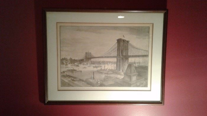 Lithograph of Brooklyn Bridge 