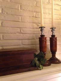 Antique English oak box and candlesticks