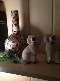 Imari colored vase; Staffordshire dogs