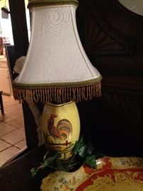 Darling rooster lamp in yellow with beaded fringe shade