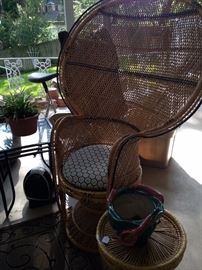 Vintage rattan peacock fan- back chair; small round side table