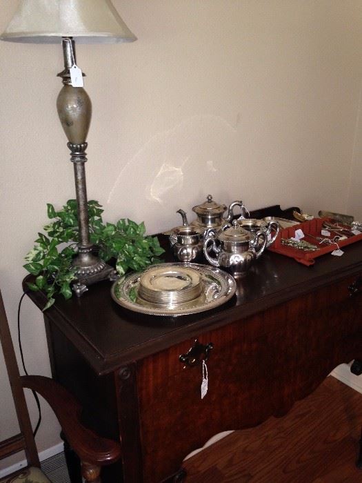 Antique silver chest; silver plate tea service