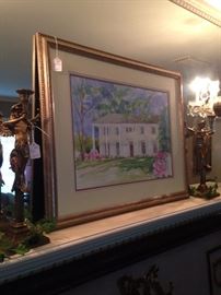 Framed art of the Tyler house on West Sixth from where many of these consignments arrived (due to a downsizing situation); pair of antique candle holders