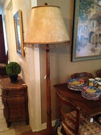 Good-looking oak floor lamp with beaded shade