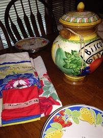 Vintage linens; Biscotti jar; colorful plates made exclusively for Neiman Marcus