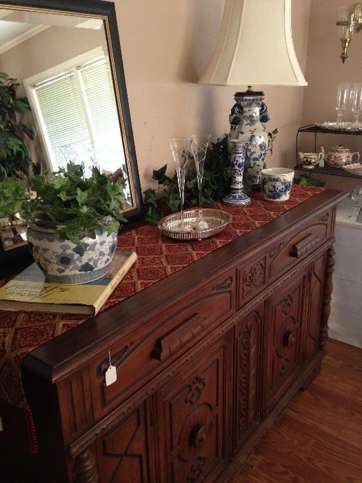 Antique English oak buffet; blue and white selections