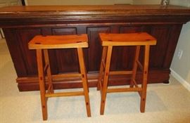 Antique general store counter, 2 bar stools