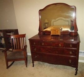 Antique dresser w/ mirror from old St. Joe's Hospital, Rocking chaid