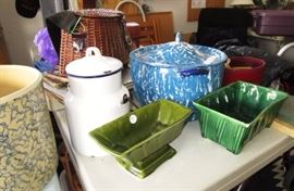 McCoy pottery, misc. stoneware, blue & white enamel kettle, fishing crewel, etc.