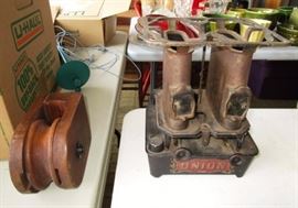 Union Oil stove (table top), wooden pulley