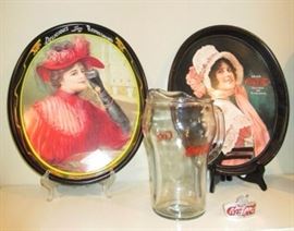 Vintage 1970's Coke trays, glass Coke pitcher and Coke bottle opener