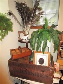 Vintage Varnishes wooden box, handled divided wooden box, occasional table, wooden crates, wicker plant stand