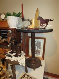 Metal base table w/ glass top, Western collectibles