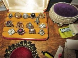 Costume jewelry (rings), misc. boxes, pin holders