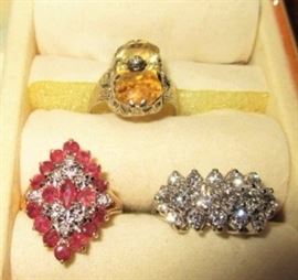 14K gold Citrine and diamond (top), 14K Ruby & diamond, 14K 3 row diamond ring (2.1 ctw)