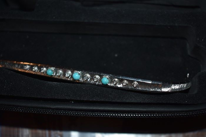 9.) Diamond & Turquoise Bracelet - One (1) ladies 18kt white gold bracelet mounting weighing approx. 14.51dwt and measures approx. 7" in length and measures approx. 5mm in width on ends and measures approx. 8.7mm in width in the middle of bracelet. Prong set on bracelet are three (3) half round Persian Turquoise beads measuring in diameter from 4.2mm to approx. 4.6mm and is bezel set with ten (10) round single cut diamonds totaling approx. 18/100ct. The color is H-I and clarity is SI1-SI2.  