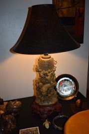 Antique Oriental Table Lamp - Highly Carved Jade or Soapstone