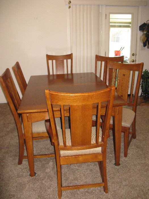 WOOD DINING ROOM TABLE, 6 CHAIRS WITH INLAID WOOD