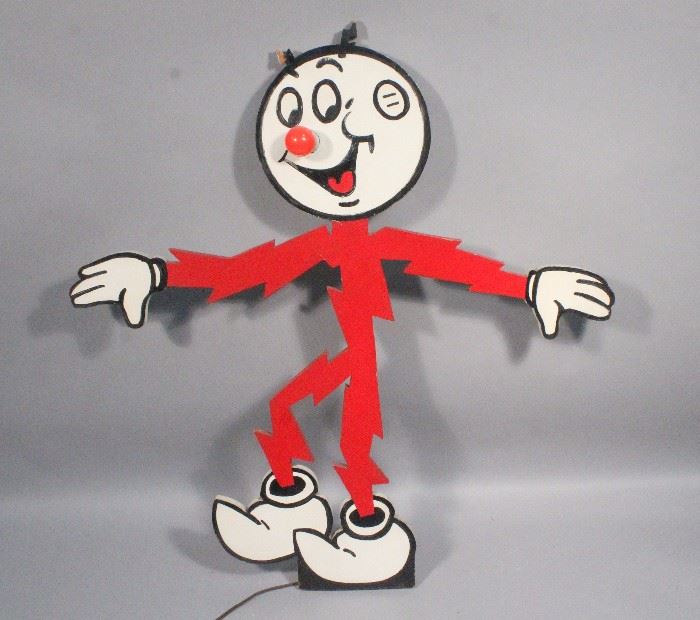 Reddy Kilowatt Wood Advertising Display Figure with Lighted Nose, 34"W x 36"H