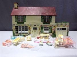 1950's Marx Disney Mickey Mouse Tin Litho Two-Story Dollhouse with Furniture