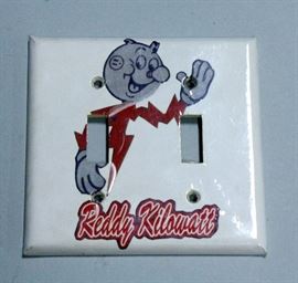 Reddy Kilowatt Switch Plate Cover, Two Decks of Reddy Kilowatt Playing Cards in Felt Carrying Case, Button, and 2 Pins