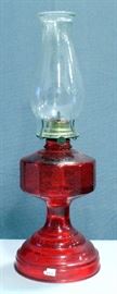 Risdon Mfg. Co Glass Kerosene Lamp with Globe, Lamplight Farms Glass Kerosene Lamp, and Red and Brass Lantern