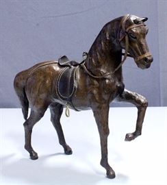 Vintage Leather Wrapped Horse Statues with Glass Eyes, 13"H and 16"H, and African Hunter and Lion Statue, Missing Rope, 10"W x 7.5"H
