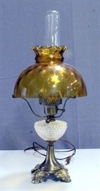 Vintage Electrified Kerosene Oil Lamp Style Table Lamp with Amber Glass Shade and Chimney