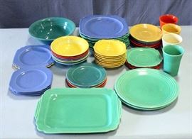 Mixed Fiestaware, Some Marked, Qty 53 Pieces, 4 Tumblers, 6 Bowls, 8 Fruit Bowls, 11 Saucers, 2 Salad Plates, 8 Bread Plates, 12 Dinner Plates, More