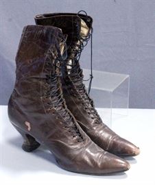 Vintage Women's Shoe Lot- "The Bootery" Brown Leather Lace-Up Boots, 1960's "Jewel Box" High Heeled Shoes, Unmarked Brown Leather High Heeled Shoes