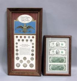United States Coins of the 20th Century (1900 - '71) Display, Framed, 11"W x 22"H, and (2) Pairs of Uncut Two-Dollar Bills, Framed, 9"W x 14"H