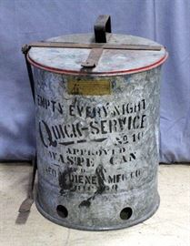 Underwriters Laboratories Galvanized Foot Operated Waste Can No 10, "Empty Every Night Quick Service Geo W Diener MFG Co", 15"H