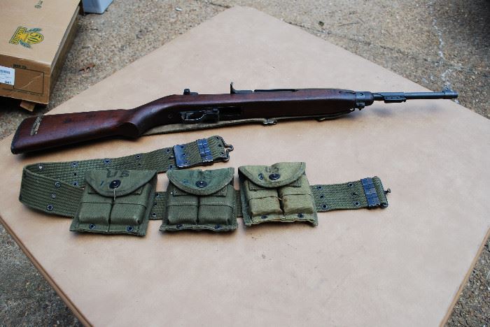 Saginaw (Irwin Pedersen) M1 Carbine - Marked S'G' - Serial No. 179XXXX - Includes: 3 Ammo Pouches, 6 Magazines, Belt and approximately 200 rounds of 30-cal ammunition. Circa 1944.