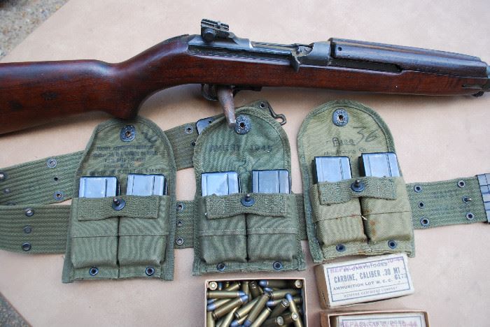 Saginaw (Irwin Pedersen) M1 Carbine - Marked S'G' - Serial No. 179XXXX - Includes: 3 Ammo Pouches, 6 Magazines, Belt and approximately 200 rounds of 30-cal ammunition. Circa 1944.
