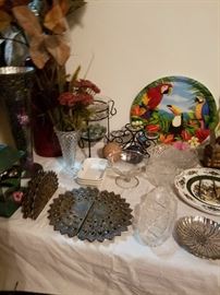 Peacock silver trivet and napkin holder, candles
