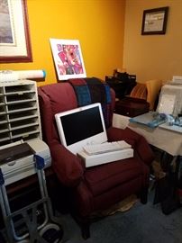 Computer, office storage, wingback chairs, folding hand-truck