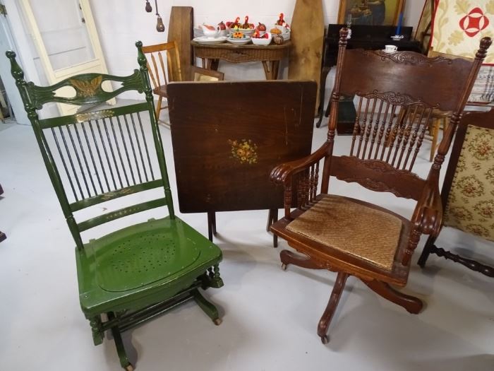 Pat. Date 1870 green platform rocker & oak swivel office chair.