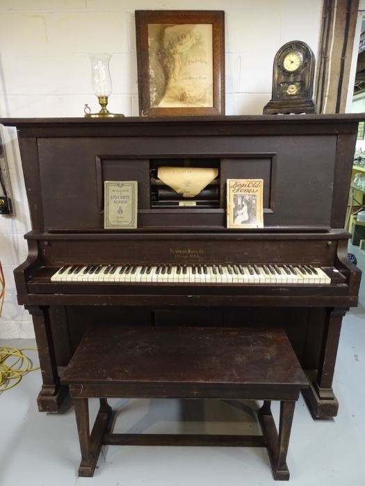 Player piano & bench (one of two player pianos for sale).  This one needs to be restored.