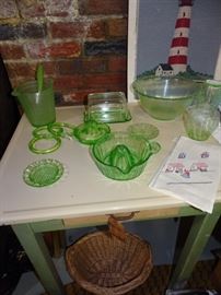 Porcelain top table & green depression glass.