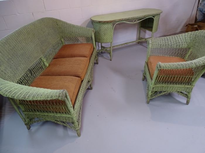 Antique wicker sofa, chair & sofa table.
