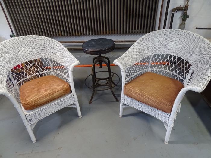 Pair of white wicker chairs & industrial stool.